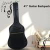A black padded guitar backpack is shown with sheet music floating above it.