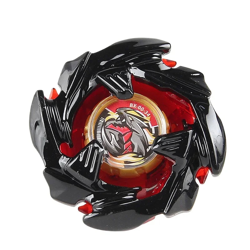 A black metal spinning top featuring a central emblem and red accents.