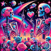 A vibrant diamond painting featuring skulls and roses in various colors against a cosmic background.