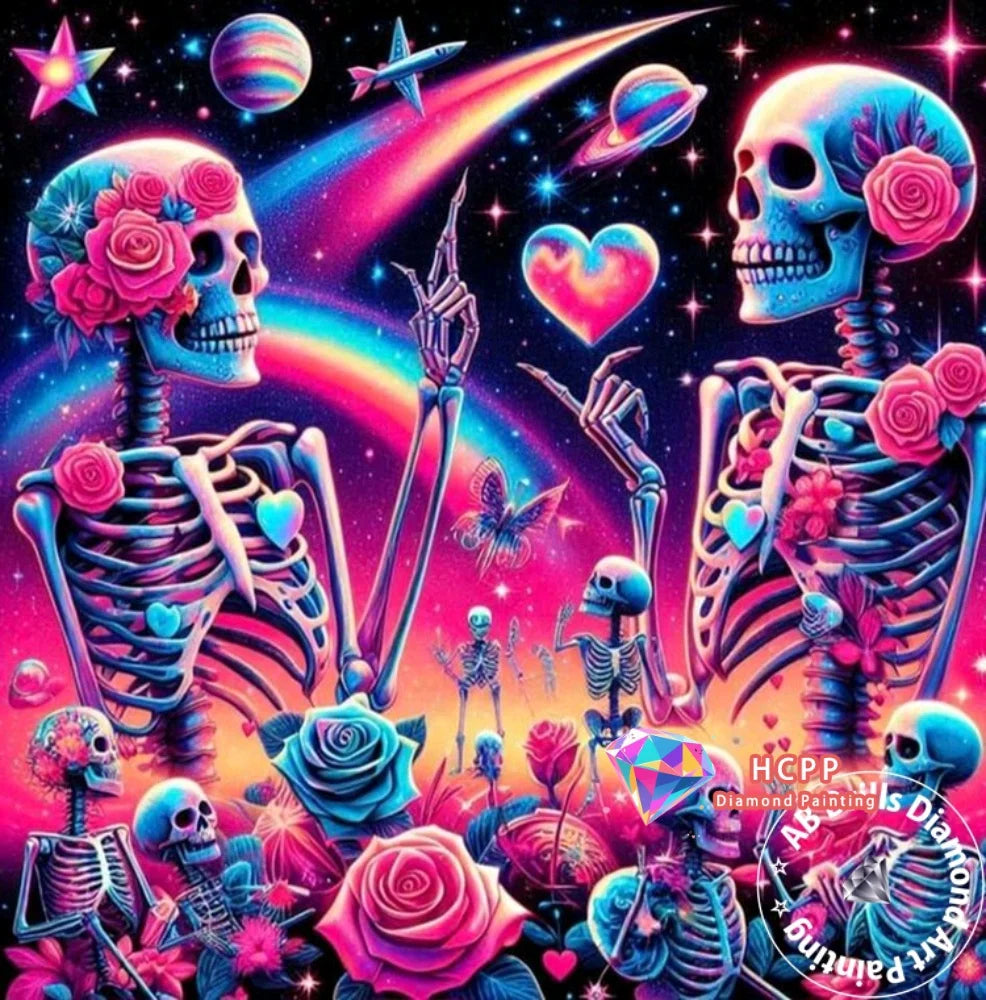 A vibrant diamond painting featuring skulls and roses in various colors against a cosmic background.