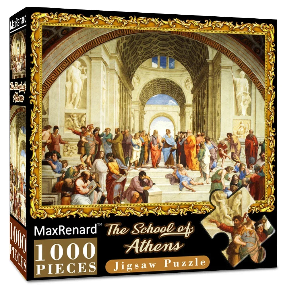 A box of The School of Athens 1000 pieces jigsaw puzzle featuring classical figures in an architectural setting.
