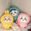 Three pastel-colored Usagi Hachiware plush keychains in a pajama theme, featuring blue, yellow, and pink characters.
