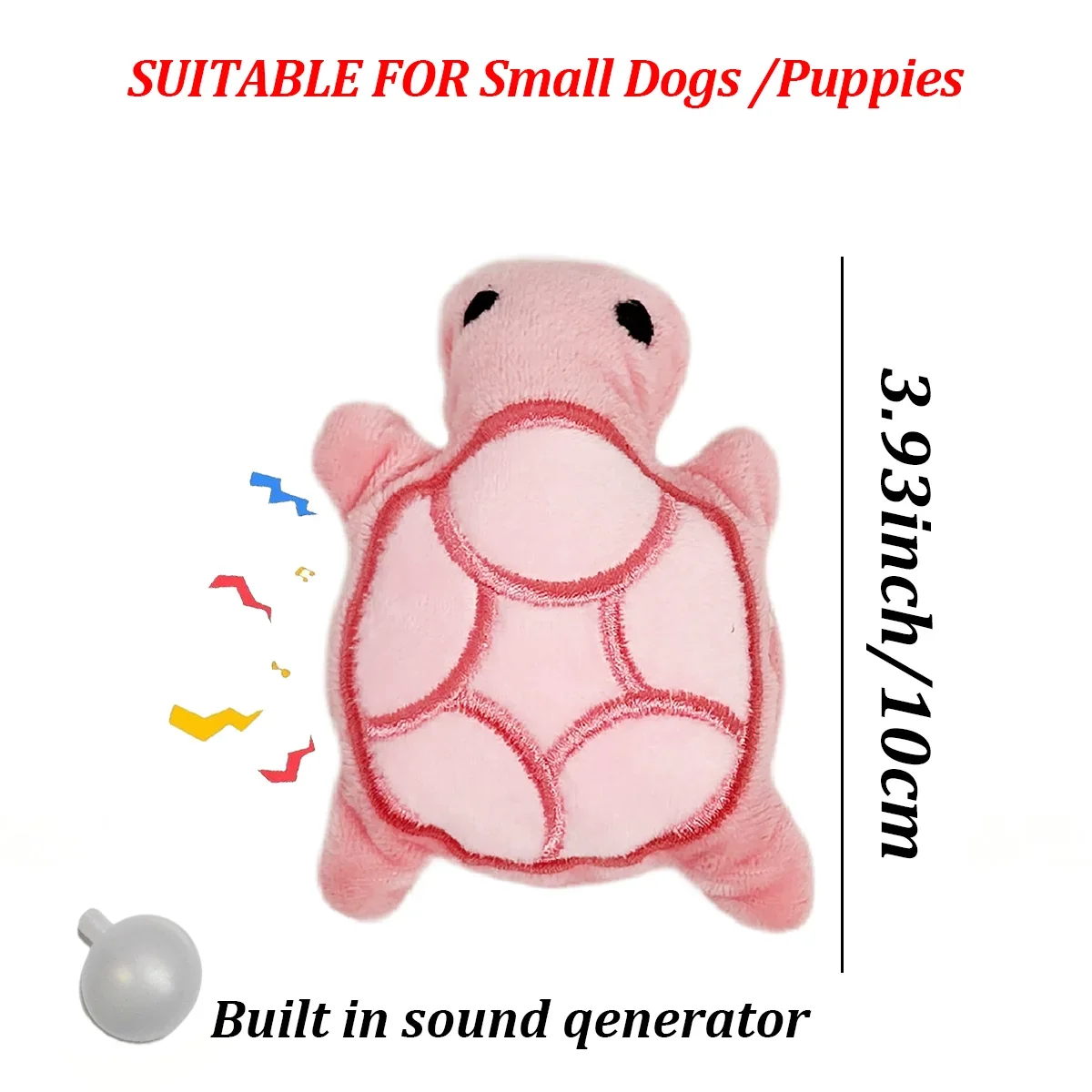 Pink plush turtle toy with a built-in sound generator suitable for small dogs and puppies