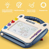 A blue magnetic drawing board for kids with various colored markers and a clear grid surface for drawing.