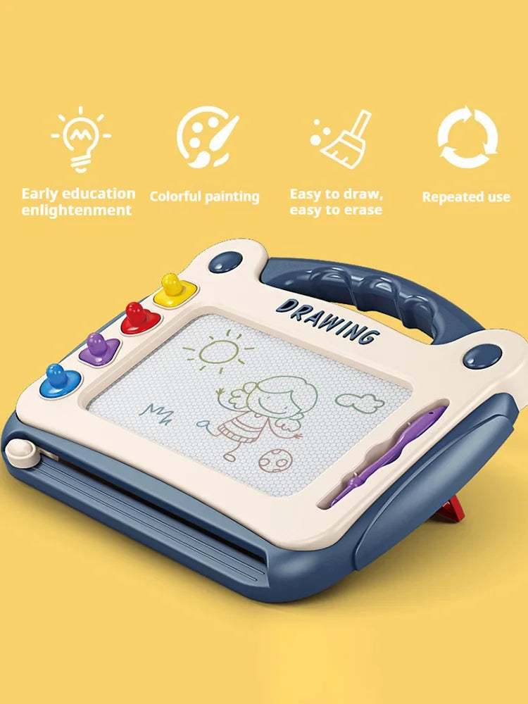A blue magnetic drawing board for kids with various colored markers and a clear grid surface for drawing.