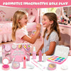 A girl plays with a pink pretend makeup kit featuring various cosmetic tools and colorful makeup products.
