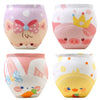A set of four reusable cotton potty training pants featuring cute animal designs like a pig and a yellow face.