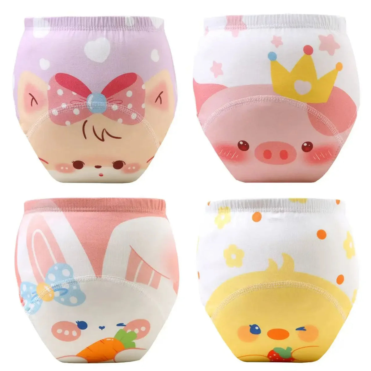 A set of four reusable cotton potty training pants featuring cute animal designs like a pig and a yellow face.