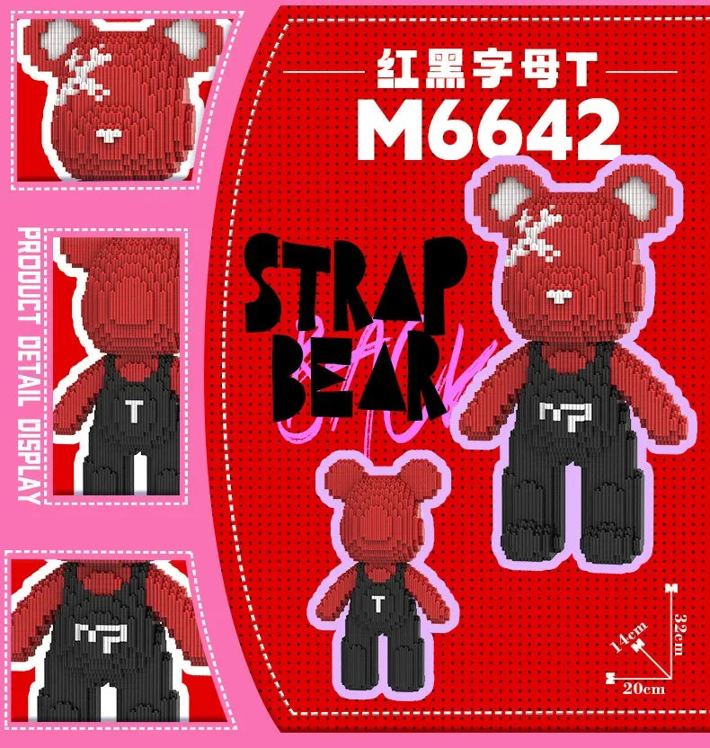 A red bear figure made of building blocks with a black strap and white details.