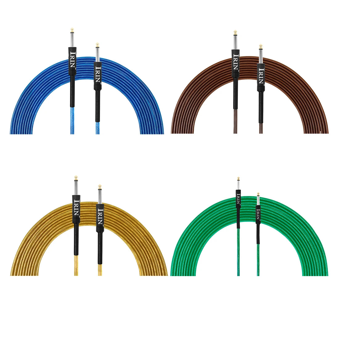 Three sets of professional instrument cables in blue, copper, and green, shown in an arc formation.