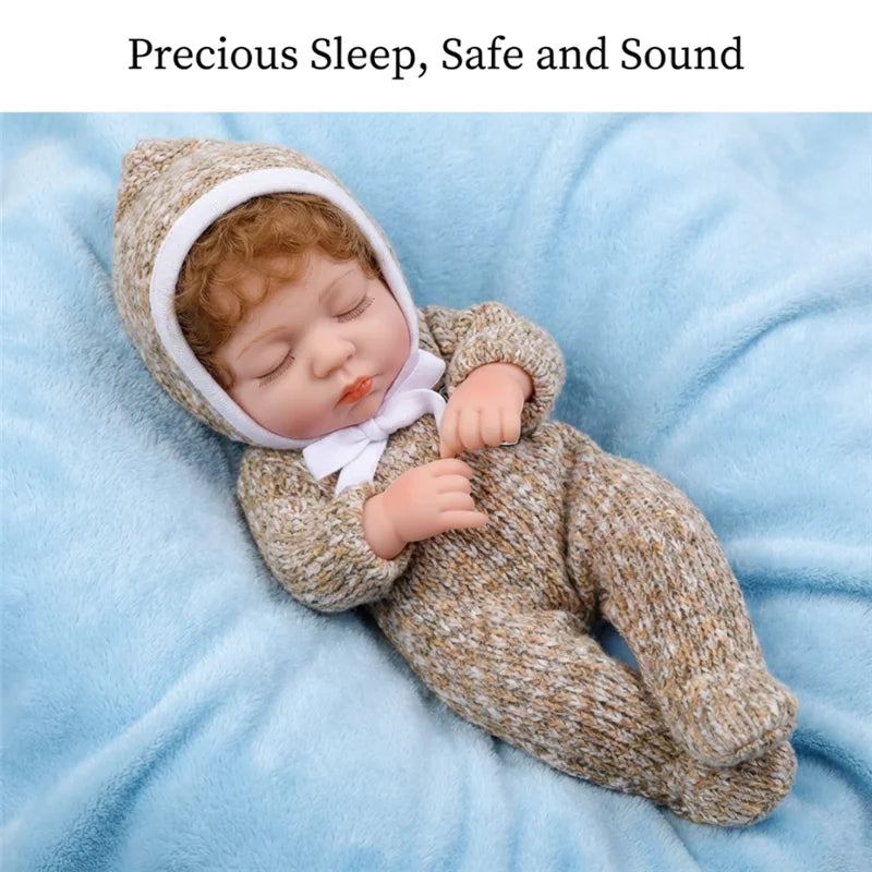 A realistic reborn doll wearing a knitted brown winter romper outfit, sleeping peacefully on blue fabric.
