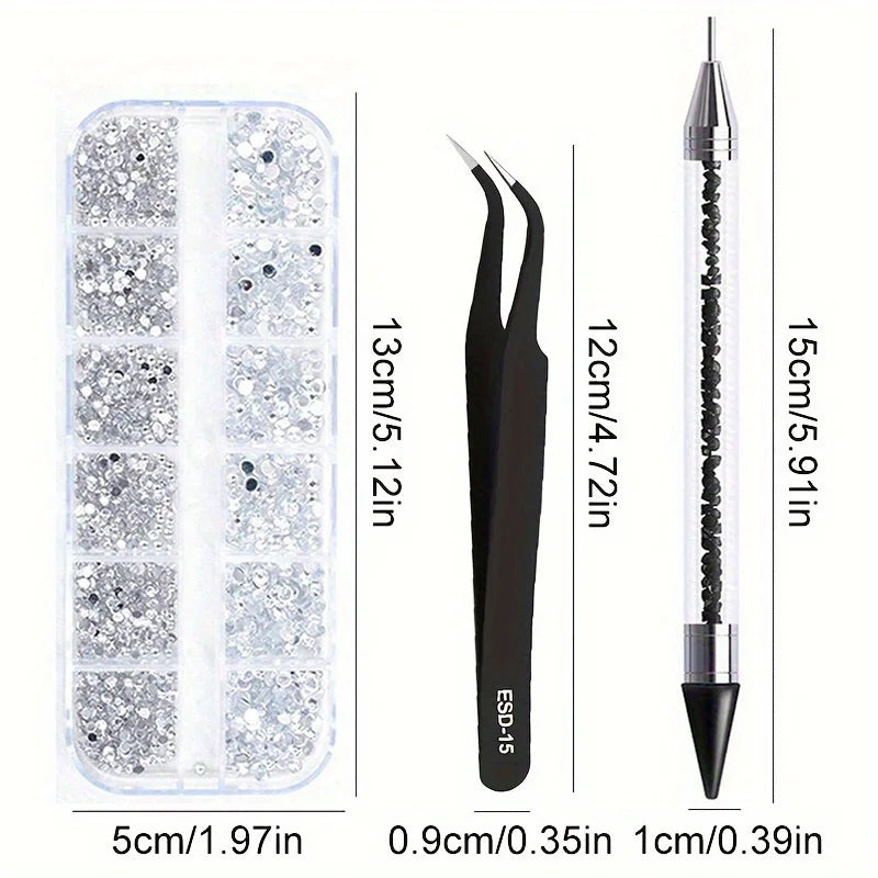 A set of multi-size flat back acrylic rhinestones for nail art and DIY crafts shown with various sizes and dimensions.