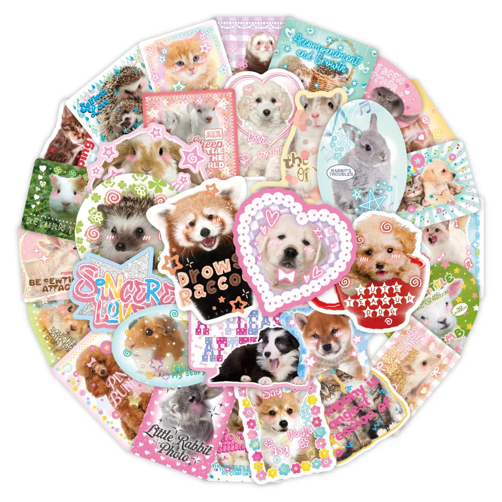 A colorful sticker pack featuring cute retro cartoon animals like dogs and cats for journals and decor