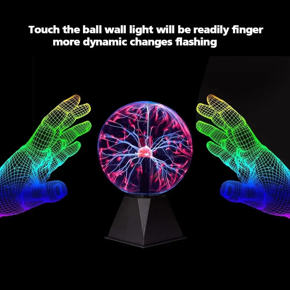 A hand is touching a glowing plasma ball lamp, causing dynamic light changes and visual effects.