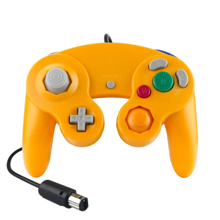 A yellow wired game controller for the Nintendo GameCube console.