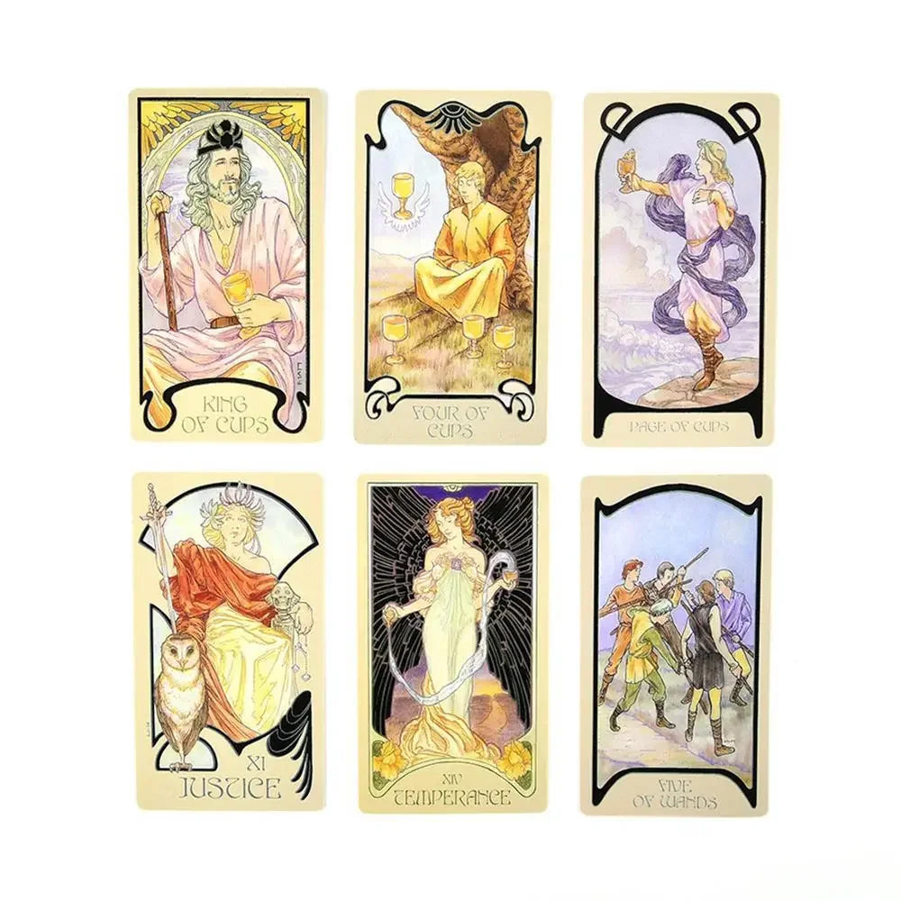 A set of nine tarot cards featuring various figures and symbols for divination and reflection.