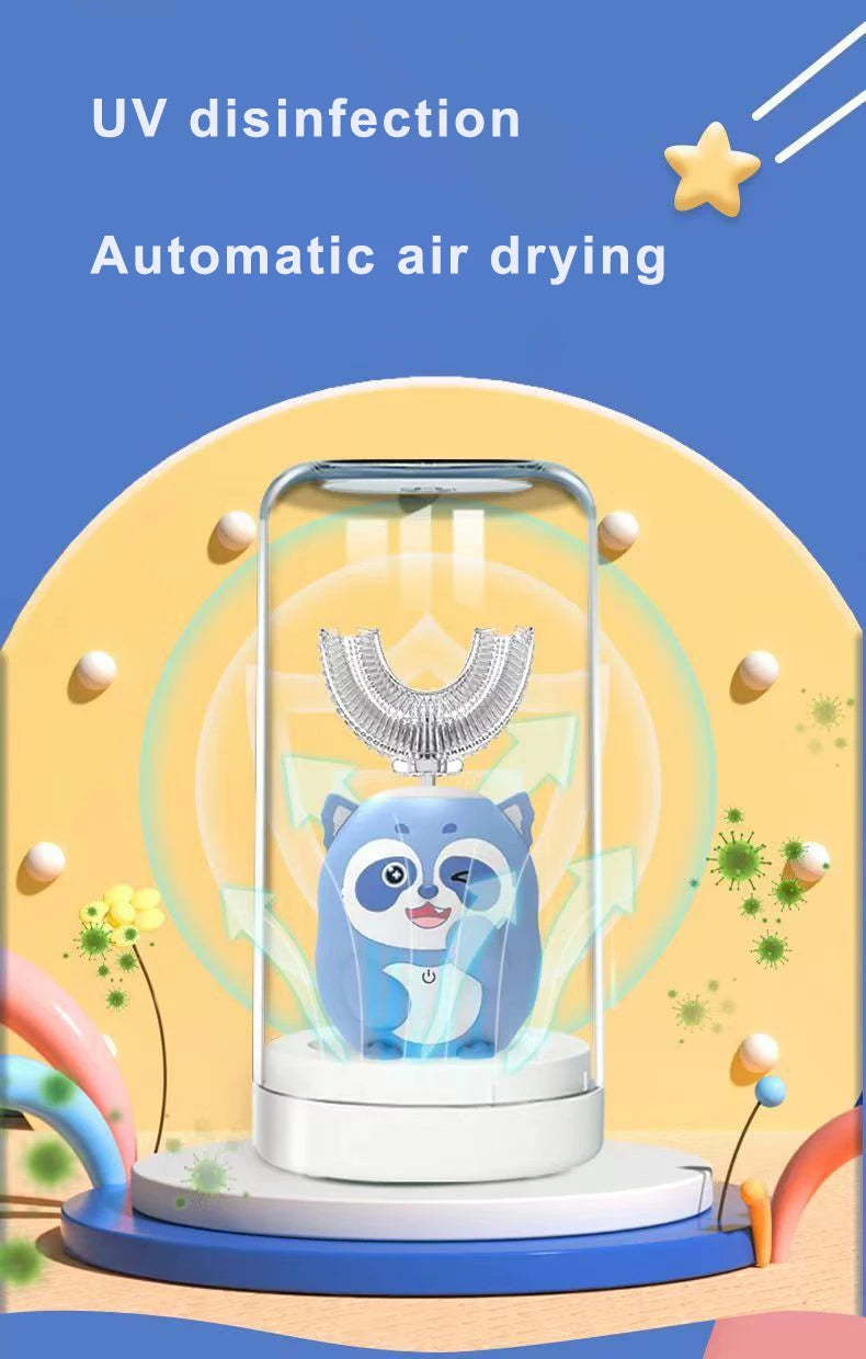 A clear device for UV disinfection and automatic air drying of a toothbrush is shown with a blue panda-like figure inside.