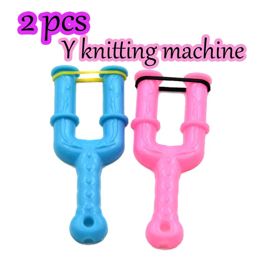Two pink and blue Y knitting machines for making loom band bracelets