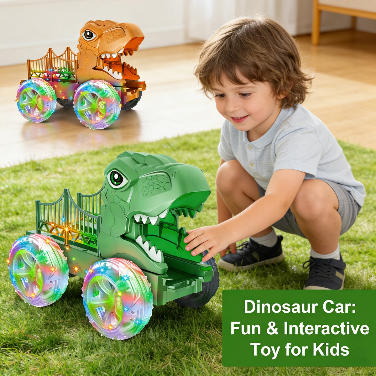 Dinosaur Monster Truck with Glowing LED Wheels – 2-Pack