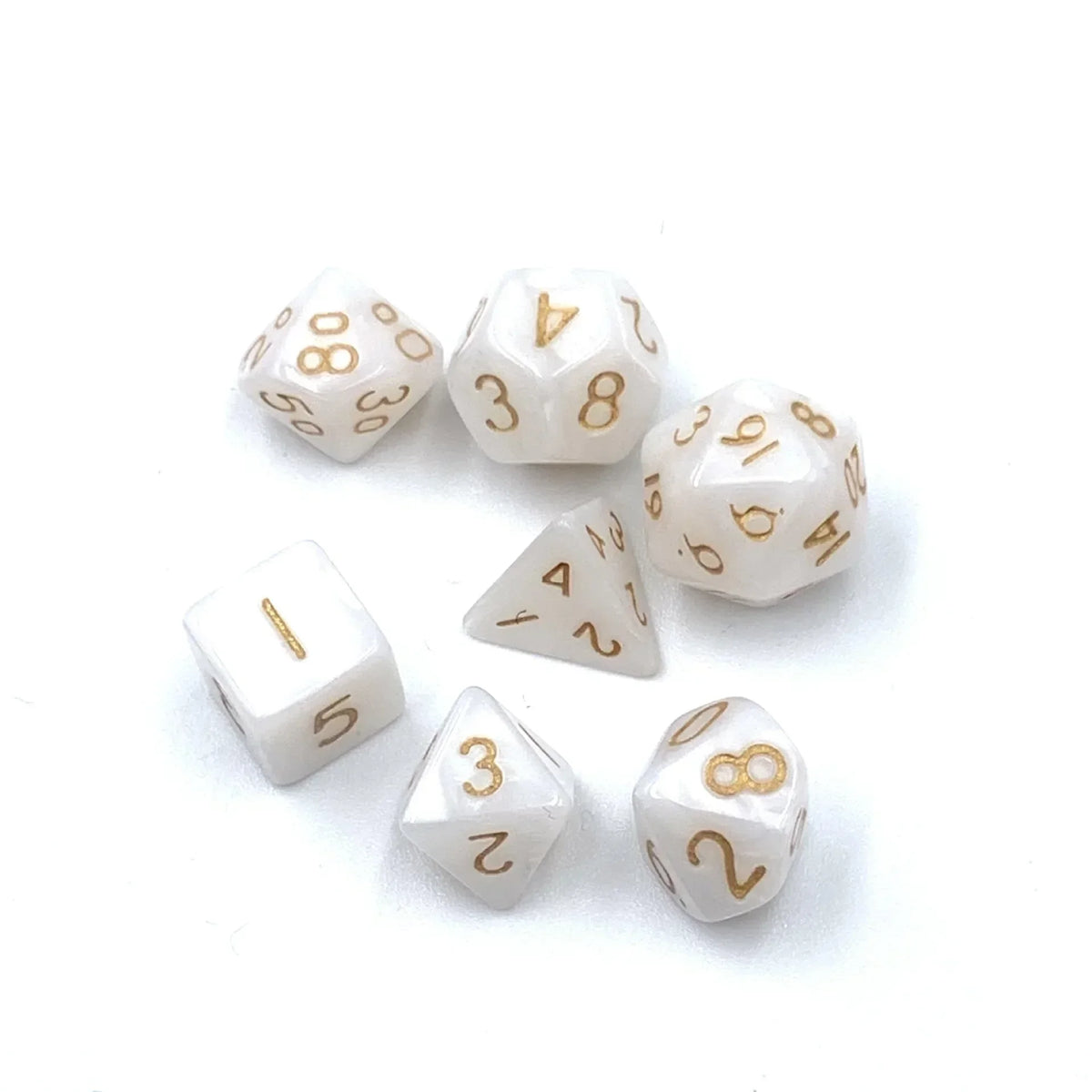 A set of seven mini polyhedral dice showing numbers 8, 3, 8, 1, 3, 2, and 2.