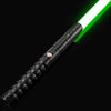 A black lightsaber with a bright green blade and a textured grip is shown against a dark background.