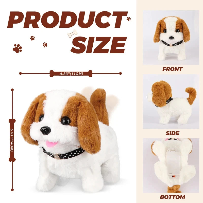 A white and brown plush puppy toy shown from the front, side, and bottom views.