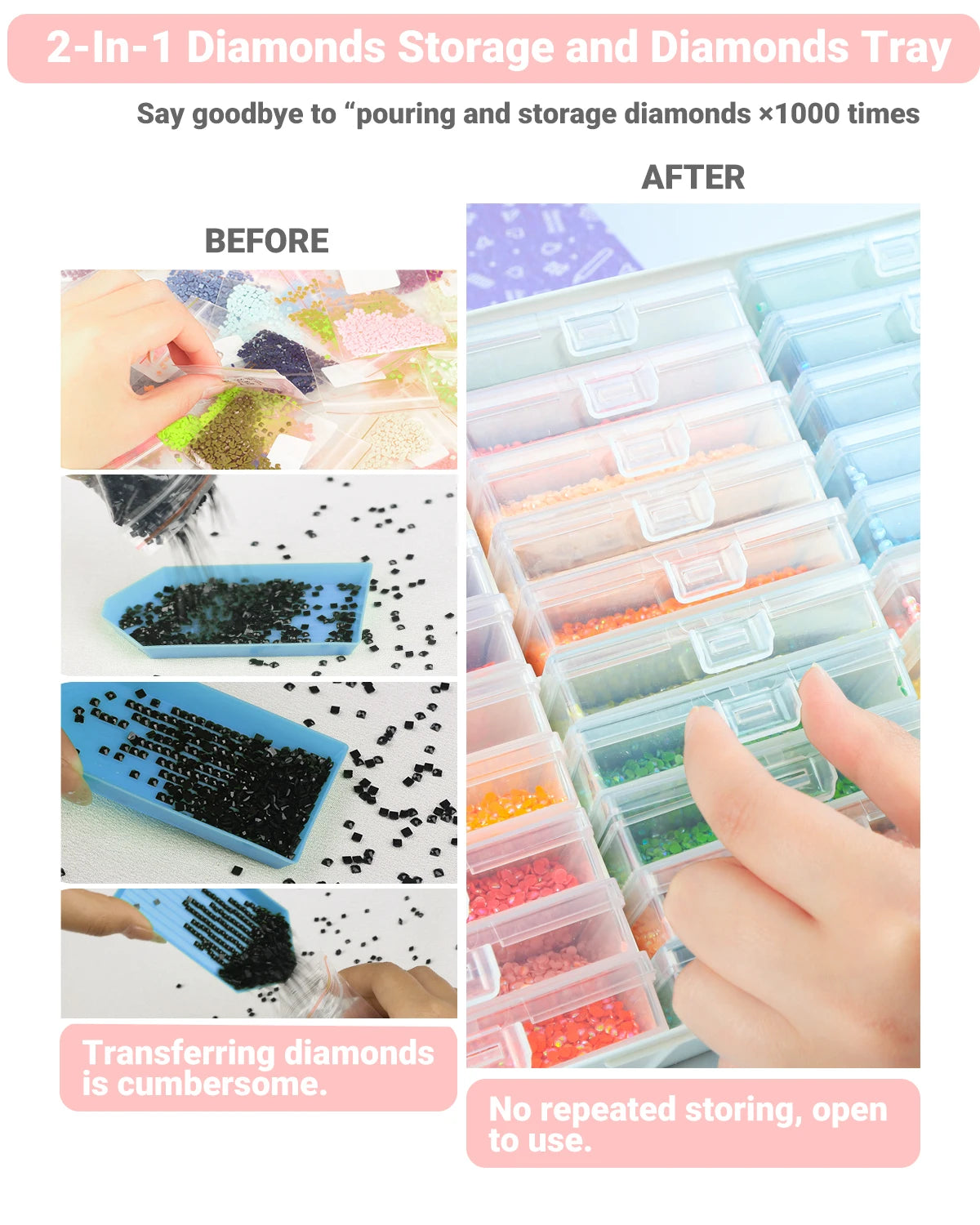 Before and after comparison showing the ease of transferring diamonds from a tray to another using a 2-in-1 storage and diamo