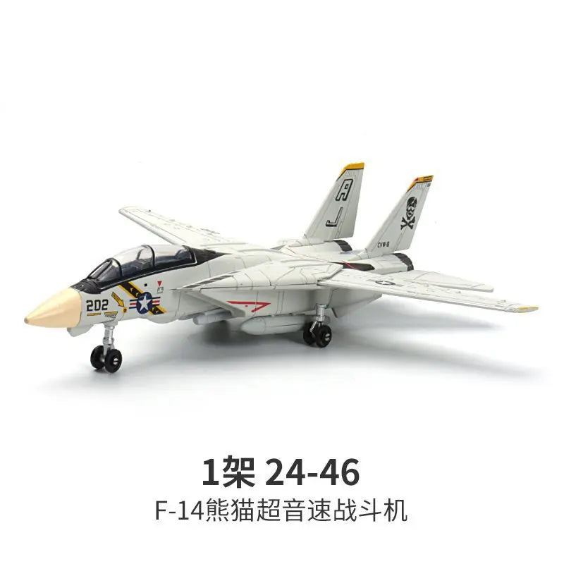 A scale model of an F-14 fighter jet in white and gray, featuring a cockpit detail.