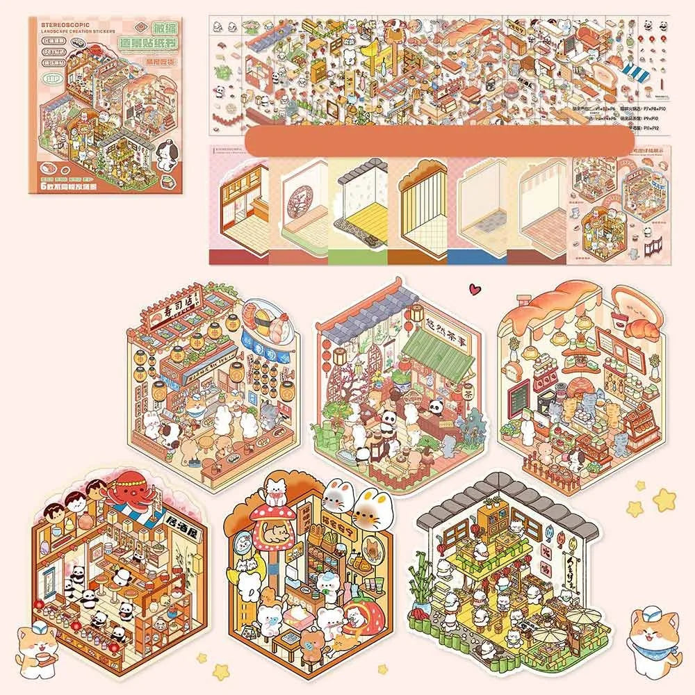 A collection of 3D cabin scene stickers and illustrations for creative kids, featuring various houses and scenes.