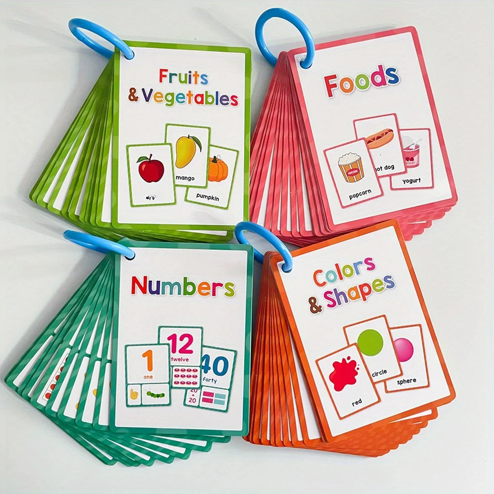 Un jeu de cartes colorées pour enfants avec fruits, légumes, nombres, couleurs et formes.