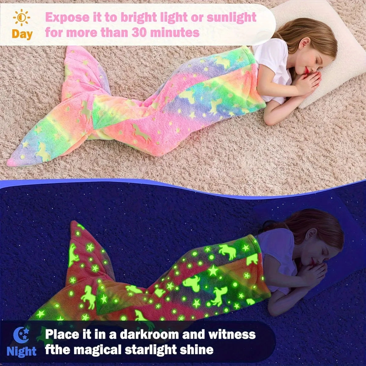 A child wearing a glow-in-the-dark mermaid tail blanket in bright light and a dark room.