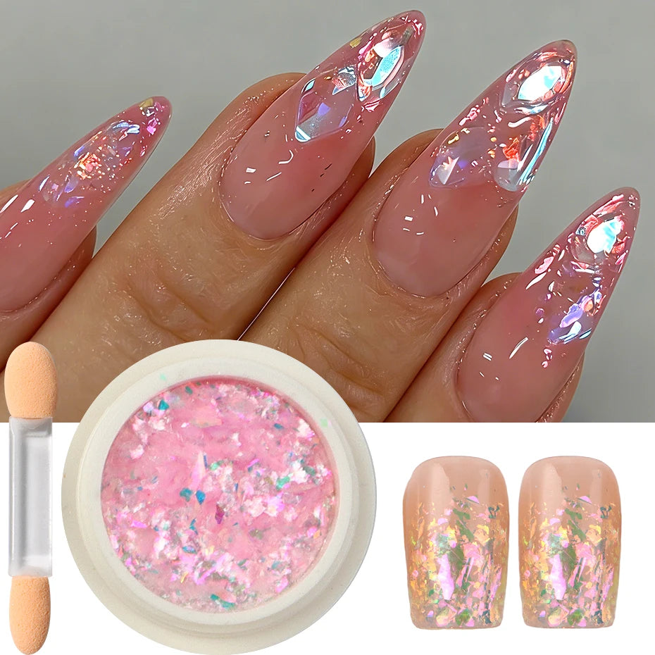 A hand displays iridescent opal and mermaid chrome nail glitter pigment set alongside a small container of pink glitter and t
