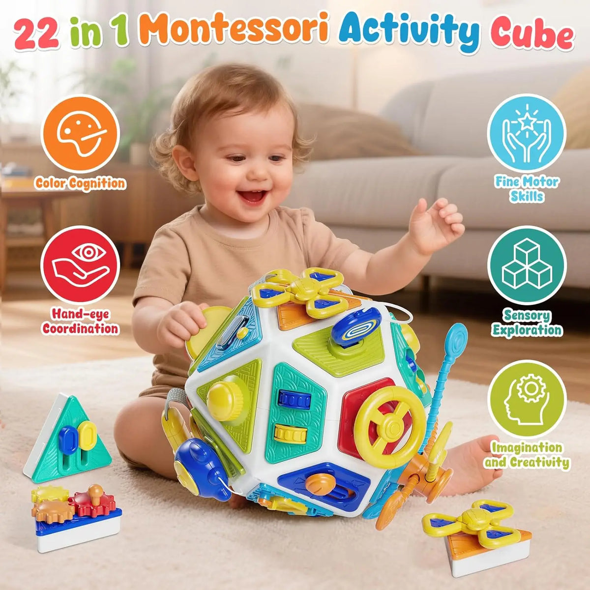A toddler is playing with a colorful 22-in-1 Montessori activity cube featuring various sensory and cognitive skills.