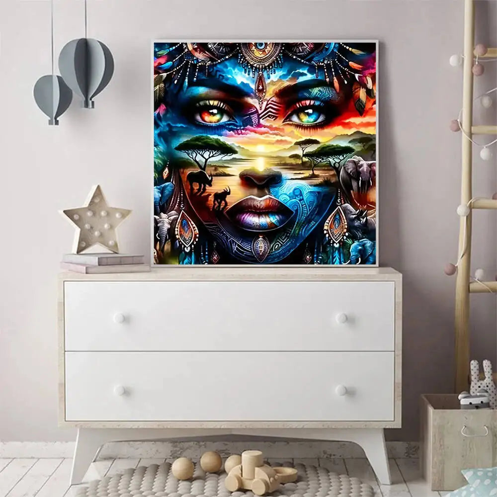 A vibrant diamond painting kit featuring an elephant portrait with full drill details displayed on a white dresser.
