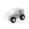 A white silicone toy car with blue stripes and a red cross on the side.