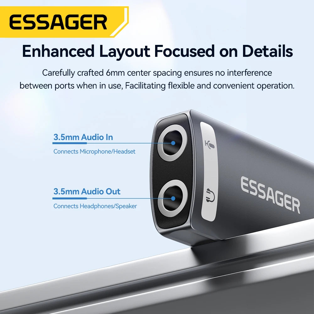 An Essager USB audio adapter with 3.5mm audio input and output jacks shown in a close-up view.