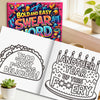 An open coloring book shows a taco outline and a birthday cake design on the right page, next to a colorful title page.