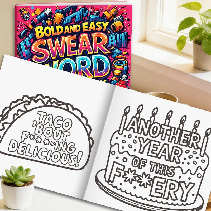 An open coloring book shows a taco outline and a birthday cake design on the right page, next to a colorful title page.
