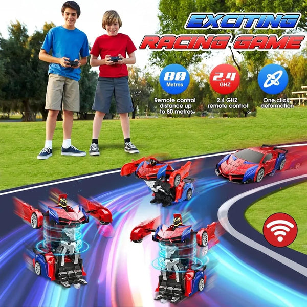 A red and blue transforming RC robot car is shown in action on a green field with children nearby.