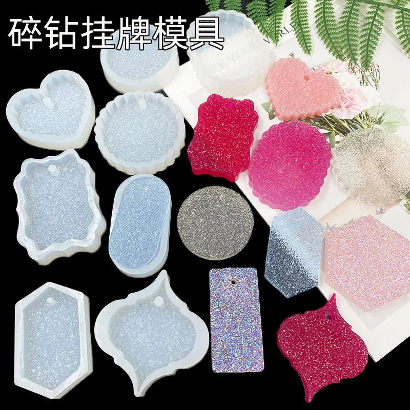 A collection of flexible silicone resin molds in various shapes and colors including heart, round, oval, and rectangle for DI