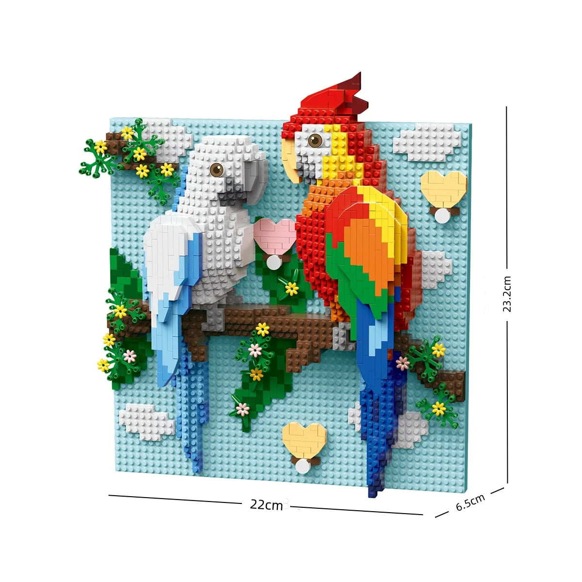 A colorful building block set depicting a bird and a shark head in a nature scene.