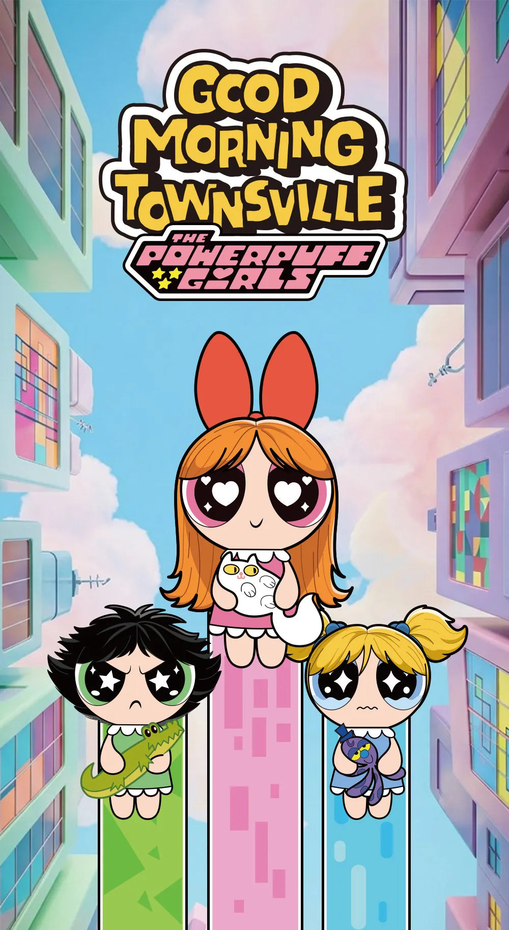 A collectible figure of Blossom from The Powerpuff Girls standing on a building facade.