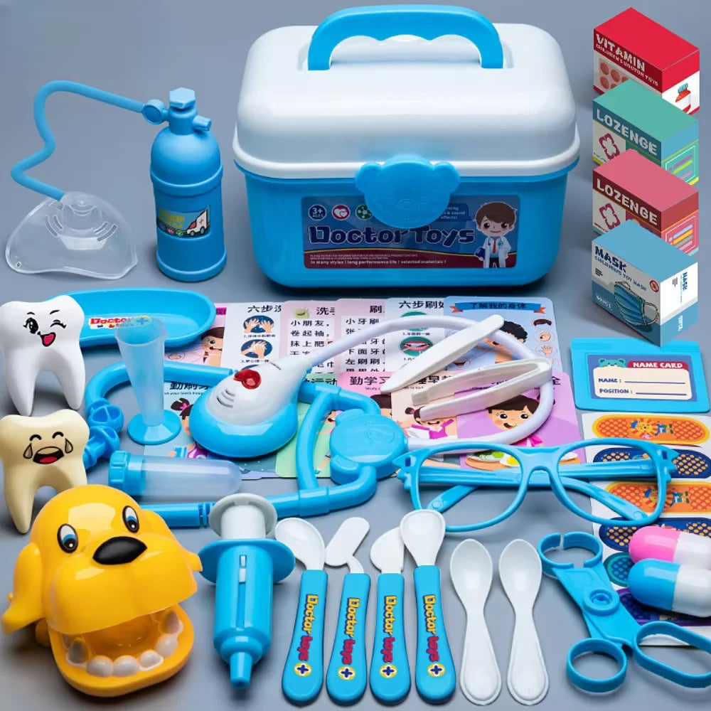 A collection of kids doctor role play tools including a blue medical kit, stethoscope, various instruments, and a yellow toy 