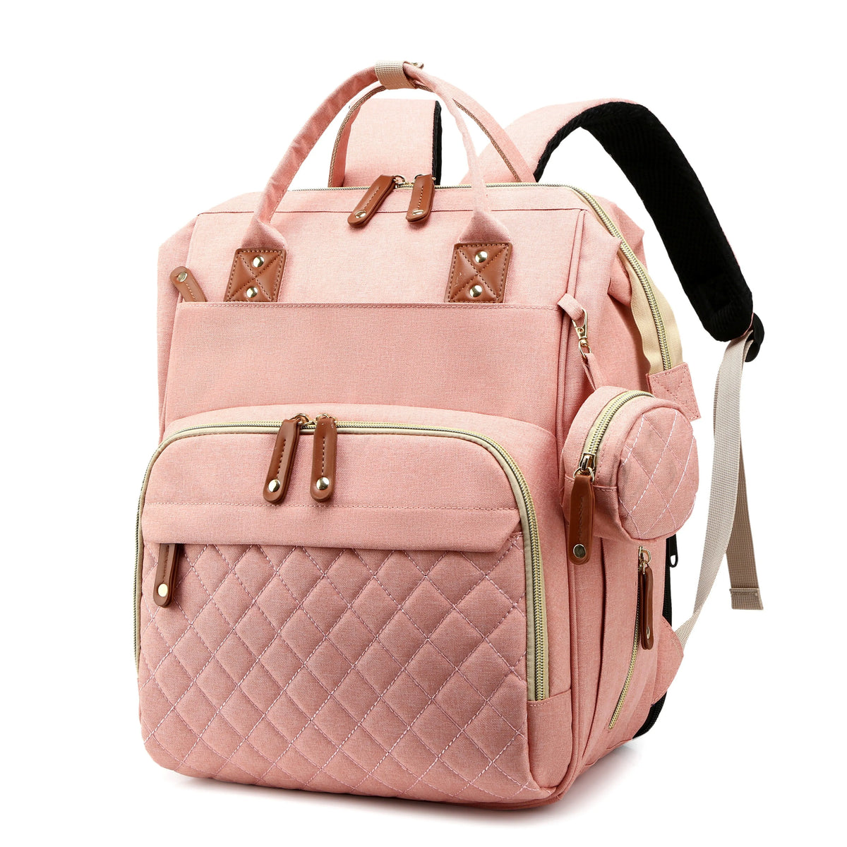 Sac à langer rose tout-en-un avec station de changement intégrée et tissu matelassé.