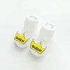 A pair of white cotton socks with a yellow crown design on the toe, suitable for babies and toddlers.