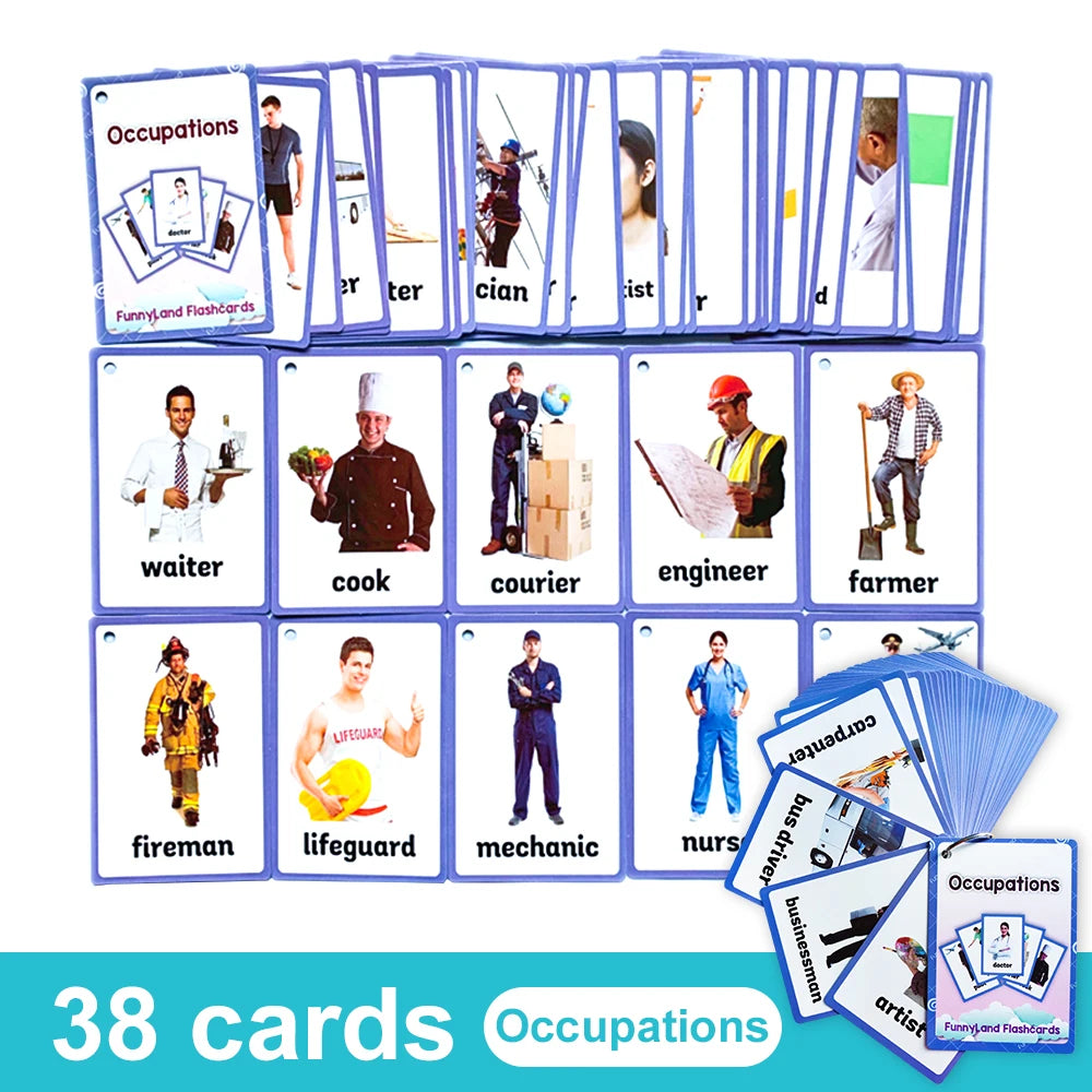 A set of 38 colorful flashcards depicting various occupations for children's learning.