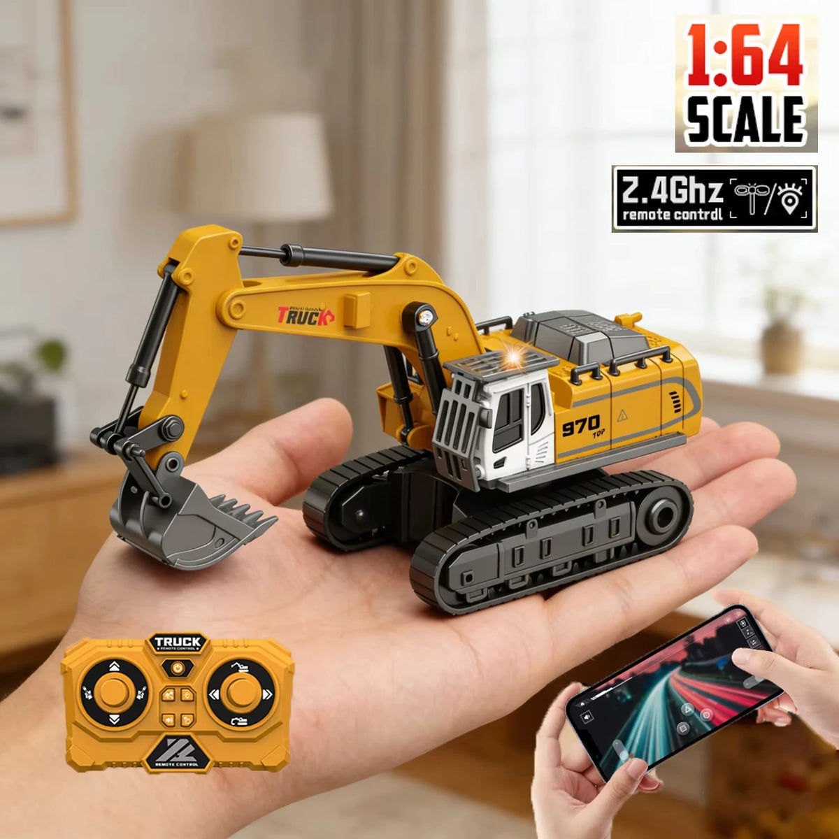 A hand holds a yellow 1:64 scale mini remote control excavator toy with a black control unit and a smartphone.