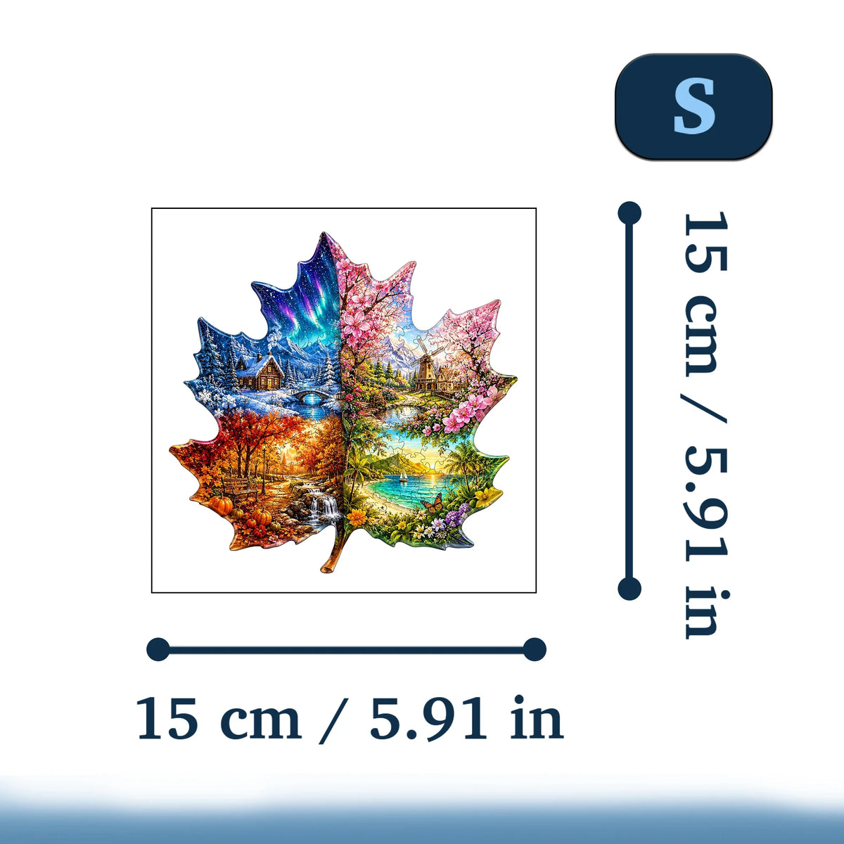 A jigsaw puzzle depicting a colorful forest scene with autumn leaves and a sunset, measuring 15 cm by 5.91 in.