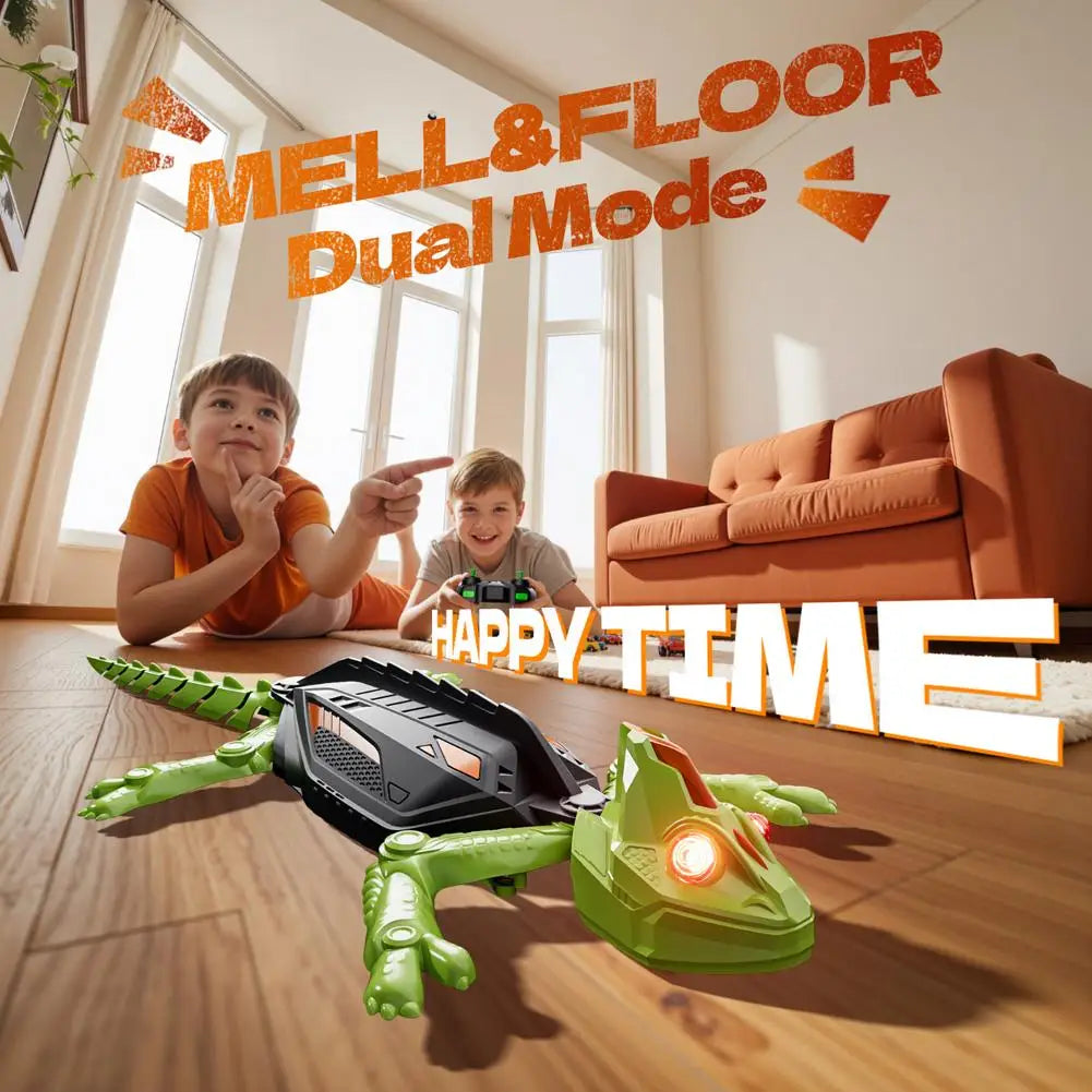 A green wall-climbing RC gecko toy with glowing eyes is placed on a wooden floor in a bright room.