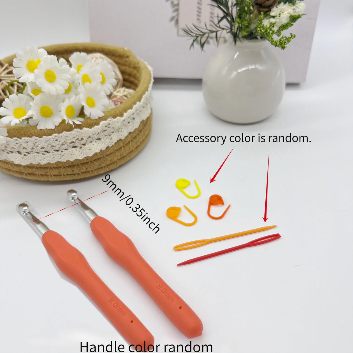 An ergonomic crochet hook set with stitch markers and needles showing various colors and sizes on a white background.